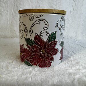 Inhomestylez Holiday Christmas Glided Poinsettia Ceramic Canister Bamboo Lid